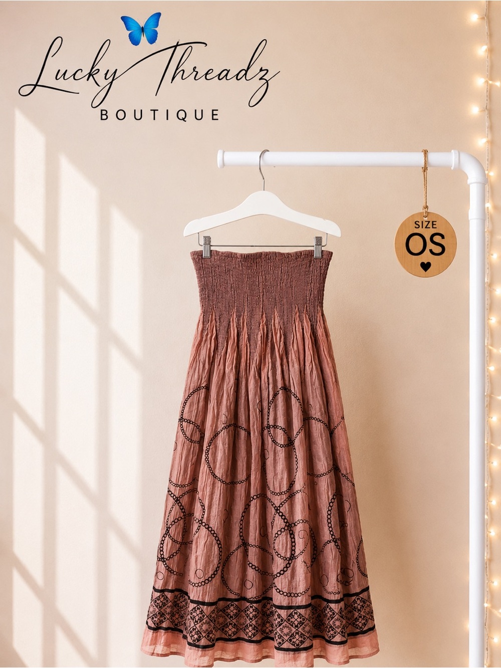 Lapis Dusty Rose Bronze Embroidered Smocked Strapless Midi Dress OS